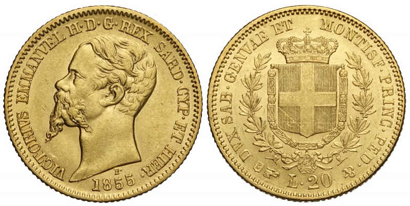 obverse: Savoia, Vittorio Emanuele II Re di Sardegna, 20 Lire 1855 Torino 