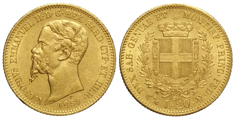 obverse: Savoia, Vittorio Emanuele II Re di Sardegna, 20 Lire 1859 Genova, Au mm 21 SPL-FDC