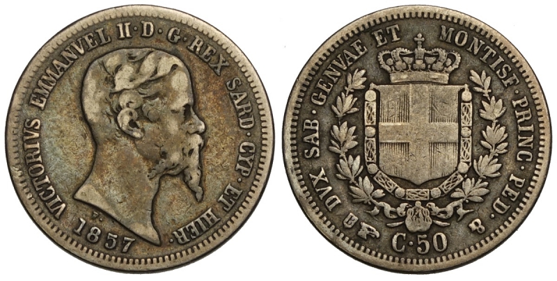 obverse: Savoia, Vittorio Emanuele II Re di Sardegna, 50 Centesimi 1857 Torino, RR Ag mm 18 buon MB