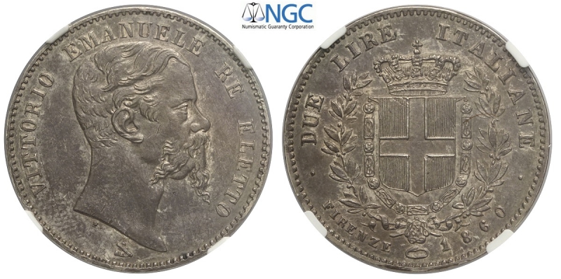 obverse: Savoia, Vittorio Emanuele II Re Eletto, 2 Lire 1860 Firenze, Rara Ag mm 27 piacevole patina, in slab NGC MS61