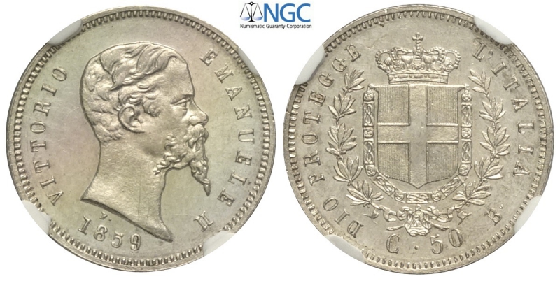 obverse: Savoia, Vittorio Emanuele II Re Eletto, 50 Centesimi 1859-B, Rara Ag mm 17 bei fondi lucenti, in slab NGC MS60