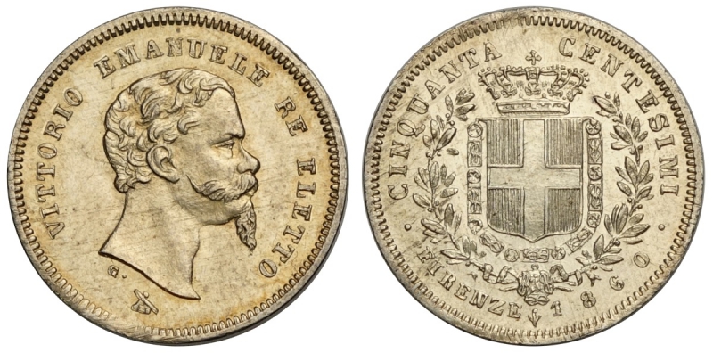 obverse: Savoia, Vittorio Emanuele II Re Eletto, 50 Centesimi 1860 Firenze, Ag mm 17 FDC