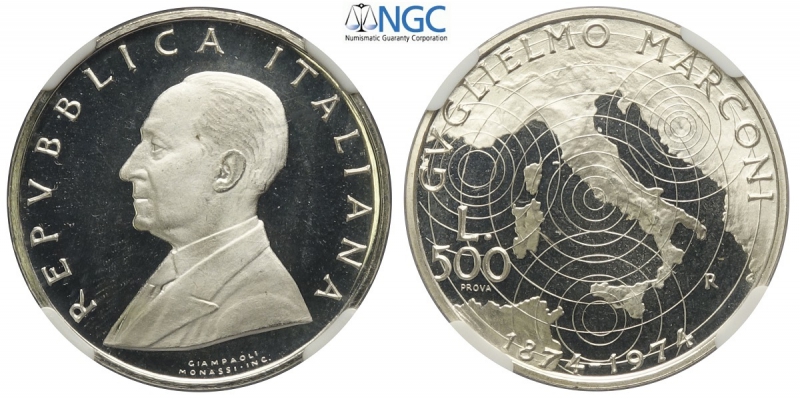 obverse: Repubblica Italiana, Monetazione in Lire, 500 Lire 1974 Prova, Rara Ag mm 29 conservazione eccezionale, in Slab NGC PF68 Ultra Cameo