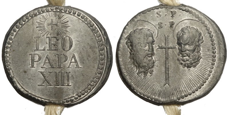 obverse: Leone XIII (1878-1903), Pergamena completa di bolla papale, Pb mm 46 SPL