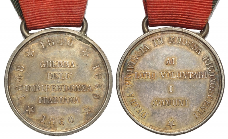 obverse: Medaglia ai volontari della provincia di Modena per le guerre di indipendenza italiana 1860, RR Ag mm 22 segnetto al bordo altrimenti migliore di SPL