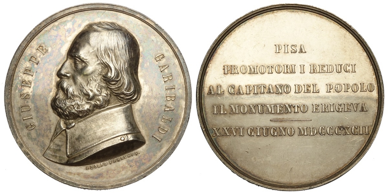 obverse: Medaglia a ricordo dell’inaugurazione del monumento a Giuseppe Garibaldi a Pisa 1892, opus A. Farnesi, RR Ag mm 51 g 64 SPL