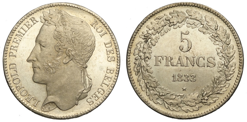obverse: Belgium, Leopold I, 5 Francs 1833 position A, Ag mm 37 una lieve pulitura ma esemplare di conservazione eccezionale, Prooflike