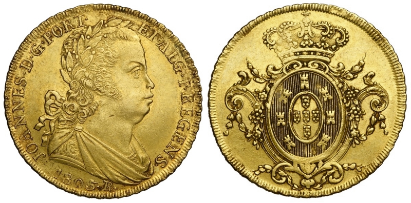 obverse: Brazil, Joao Prince Regent, 6400 Reis 1805-R, Au mm 32 g 14,28 SPL