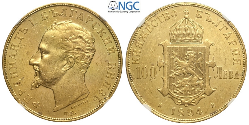 obverse: Bulgaria, Ferdinand I, 100 Leva 1894-KB, Au mm 35, in slab NGC UNC-Cleaned (in our opinion the coin is not cleaned)