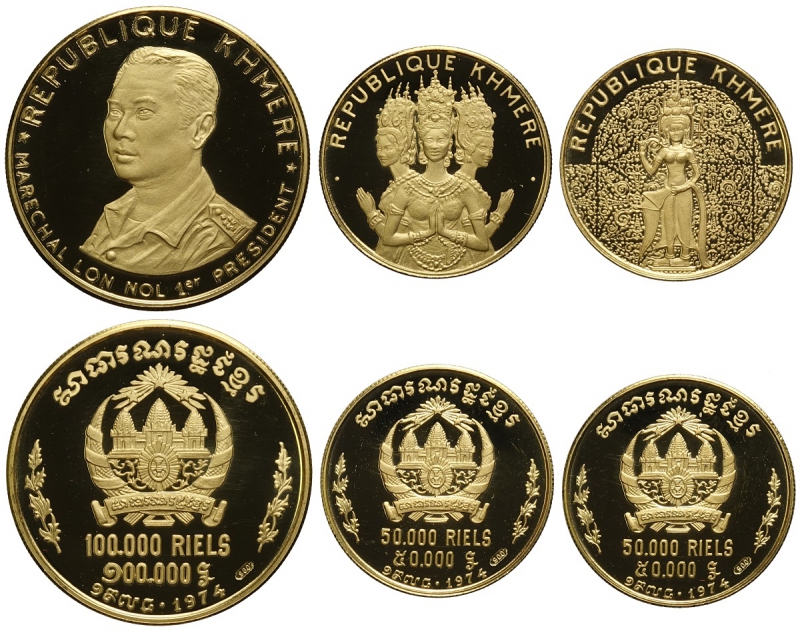 obverse: Cambodia, Khmer Republic, Gold Proof Set 1974 (3), 100000 Riels (mintage only 100 pieces), 50000 Riels KM-65 (mintage 300), 50000 Riels KM-64 (mintage 2300), mm 30, 23, 23, rare set, coins in perfect conditions (estimated PF68/69), Proof