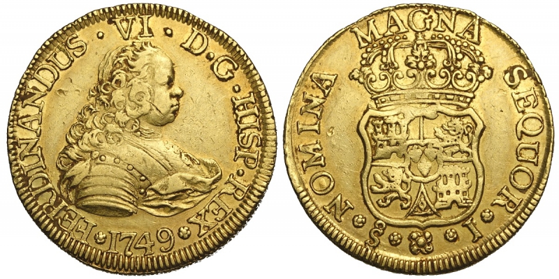 obverse: Chile, Fernando VI, 4 Escudos 1749-J, Au mm 28 g 13,46 segnetti al dritto, BB