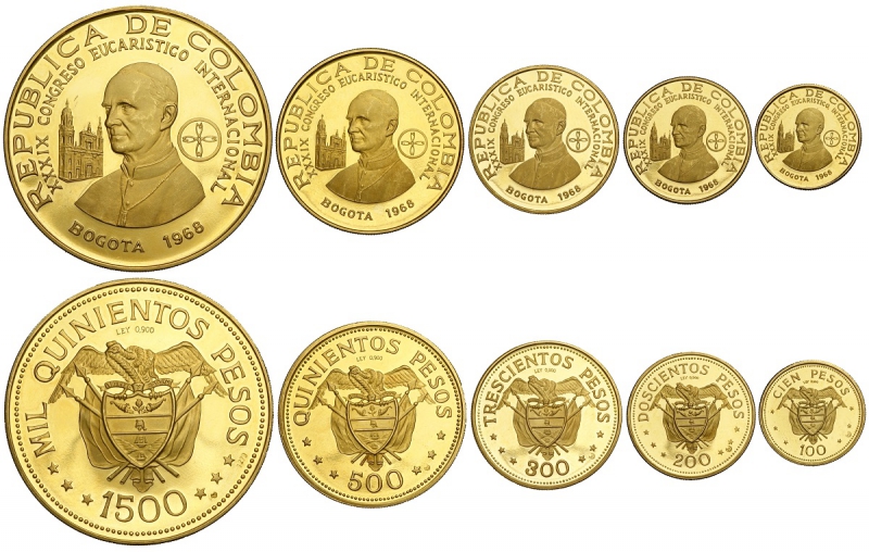 obverse: Colombia, Gold Proof Set 1968 (5), 1500, 500, 300, 200 e 100 Pesos, Au 900 mm 50, 35, 28, 24 e 20, g 111,80 No box, Proof