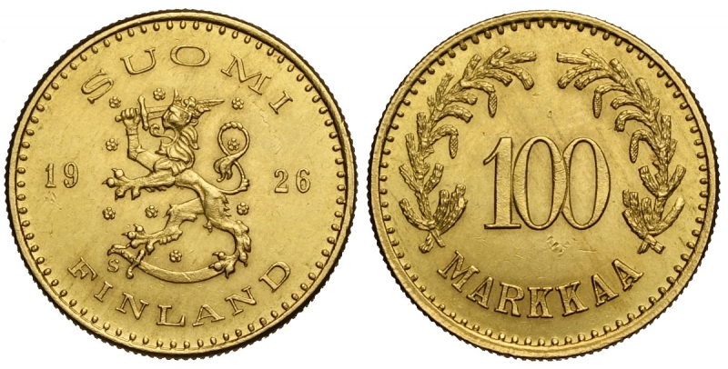 obverse: Finland, Republic, 100 Markkaa 1926-S, Au mm 18,5 leggermente pulita, migliore di SPL