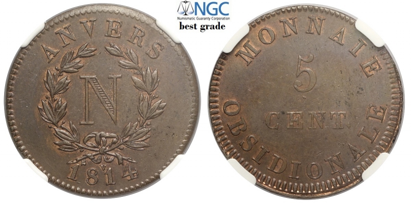 obverse: France, Antwerp, Napoleon I, 5 Centimes 1814, KM-2.3 Cu mm 30 variante rara, in slab NGC MS64 BN (best grade of NGC)