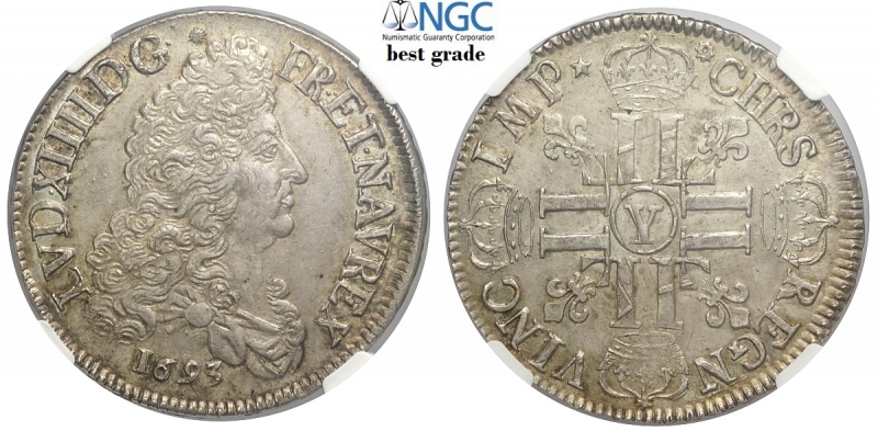 obverse: France, Louis XIV, Ecu 1693-Y, Bourges, Ag mm 41 in slab NGC MS63 (best grade of NGC)