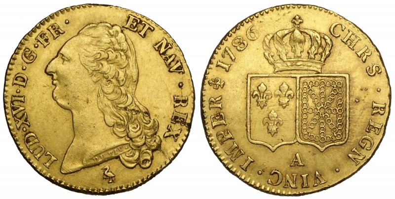 obverse: France, Louis XVI, Double Louis d or à la tète nue 1786-A, Gad-363 Au mm 28 g 15,18 saggio al bordo, SPL