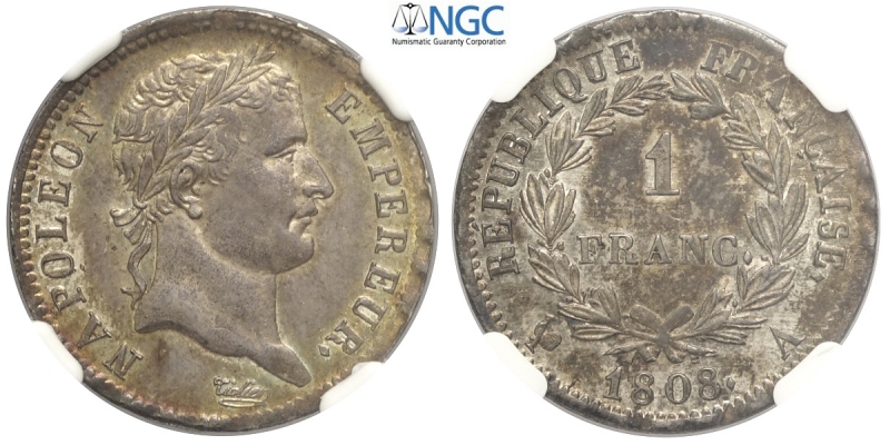 obverse: France, Napoleon Emperor, Franc 1808-A, Ag mm 23 in slab NGC MS64