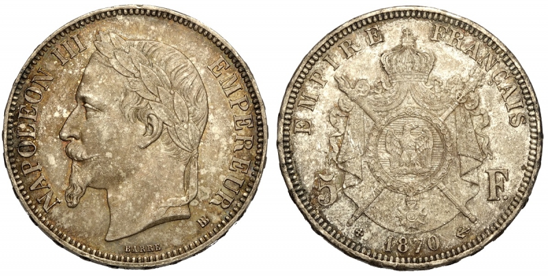 obverse: France, Napoleon III, 5 Francs 1870 BB, Ag mm 37 conservazione eccezionale con bellissima patina, FDC