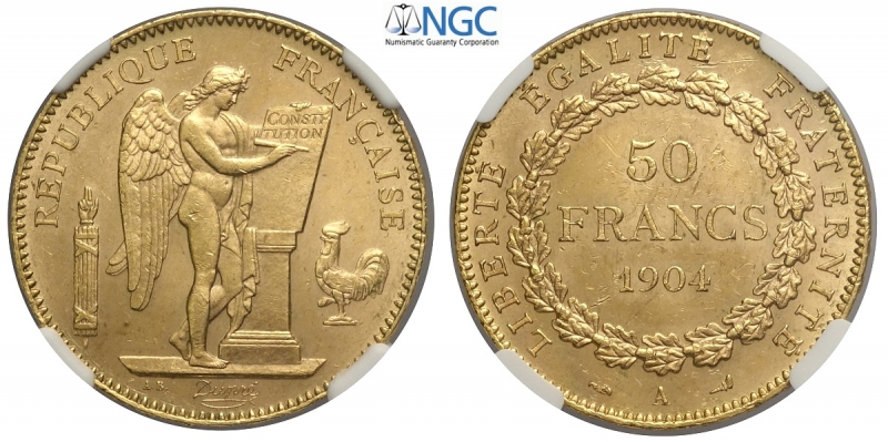 obverse: France, Republic, 50 Francs 1904-A, Au mm 28 in slab NGC MS64