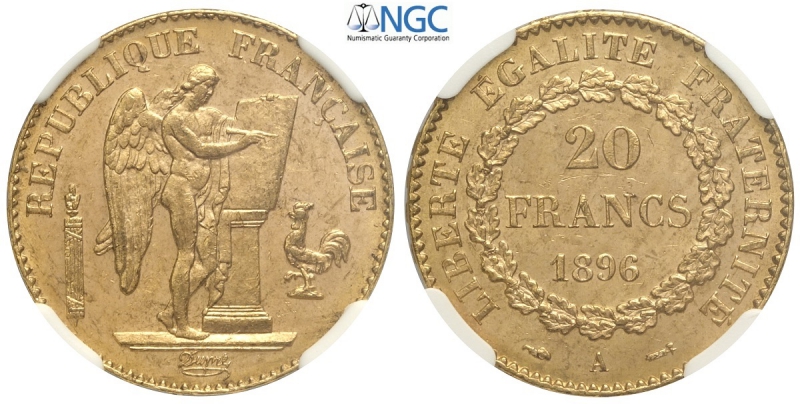 obverse: France, Modern Republic, 20 Francs 1896-A Fasces, Au mm 21 in Slab NGC MS64