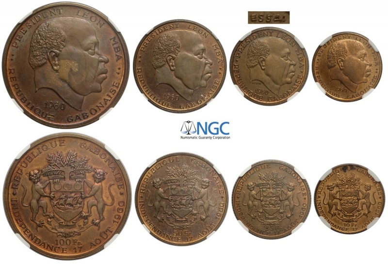 obverse: Gabon, Republic, Copper Pattern Proof Set 1960 (4), KM unlisted, mm 36, 26, 22, 19, In slab NGC: 100 Francs PF64, 50 Francs PF65, 25 Francs Essai PF64, 10 Francs PF65 Ultra Cameo