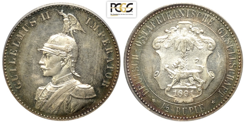 obverse: German East Africa, Wilhelm II, 1/2 Rupie 1891, Ag mm 25 in slab PCGS PR58+ Proof