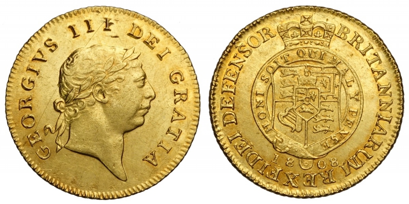 obverse: Great Britain, George III, 1/2 Guinea 1808, Au mm 21 g 4,21 graffietto al dritto, SPL