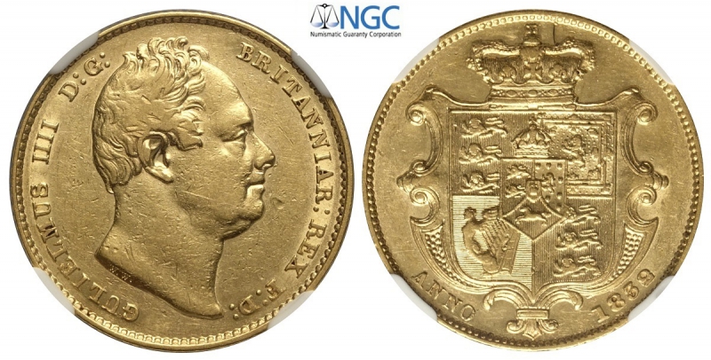 obverse: Great Britain, William IV, Sovereign 1832 Nose to second I, Au mm 22 in slab NGC XF45