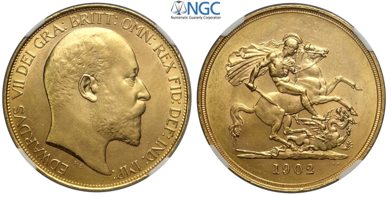obverse: Great Britain, Edward VII, 5 Pounds 1902, Au mm 35 alta conservazione, in slab NGC MS63