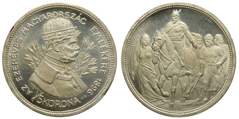 obverse: Hungary, Franz Joseph I, 5 Korona 1896-UP Pattern Restrike, Ag mm 36 coin in perfect conditions, Proof