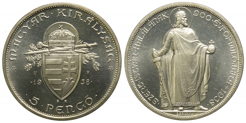 obverse: Hungary, Miklós Horthy, 5 Pengo 1938-UP Pattern Restrike, Ag mm 36 coin in perfect condiotions, Proof