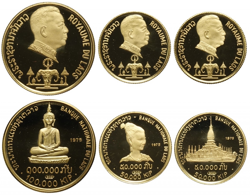 obverse: Lao, Savang Vatthana, Gold Proof Set 1975 (3), 100000 Kip (mintage only 100 pieces), 50000 Kip KM-19 (mintage 175), 50000 Kip KM-20 (mintage 175), mm 23, 18, 18, rare set, coins in perfect conditions (estimated PF68/69), Proof