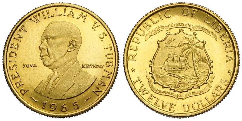 obverse: Liberia, Republic, 12 Dollars 1965, Au 900 mm 21 g 6,00 mintage 400 pieces, q.FDC Proof