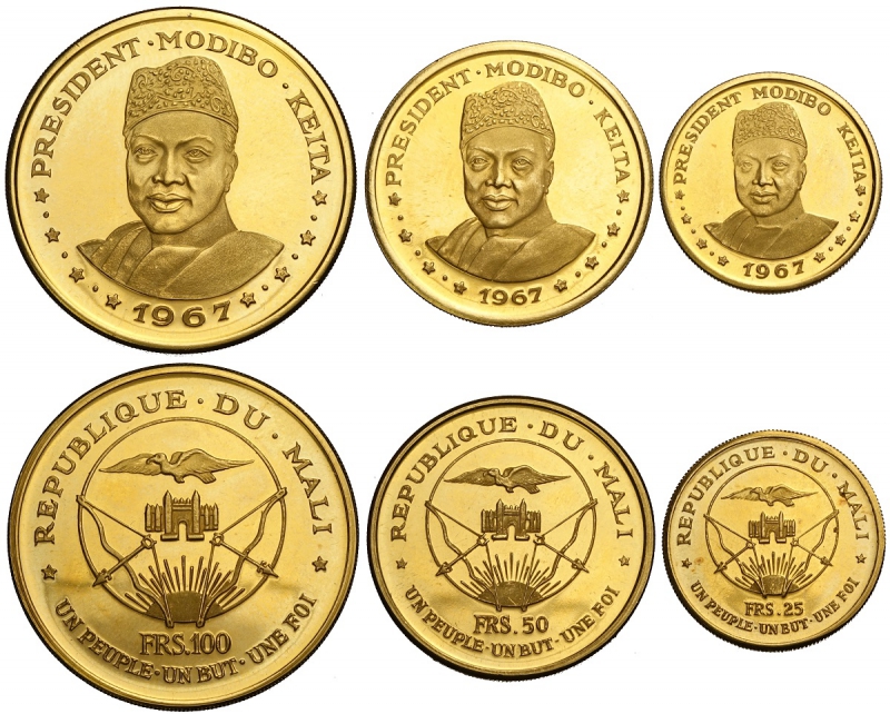 obverse: Mali, Republic, Gold Proof Set 1967 (3), 100, 50 e 25 Francs, Au 900 mm 34, 28 e 22, g 56,00 Proof