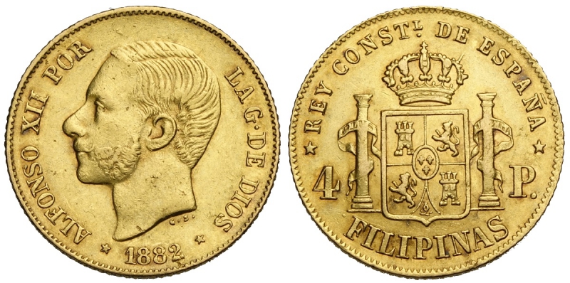 obverse: Philippines, Alfonso XII, 4 Pesos 1882, Au mm 21 leggermente pulita, BB