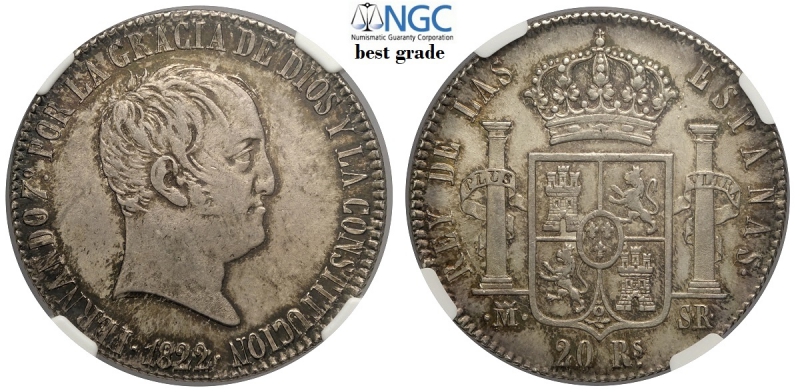obverse: Spain, Ferdinand VII, 20 Reales 1822-SR, Ag mm 39 bella patina, in slab NGC MS64 (best grade of NGC)
