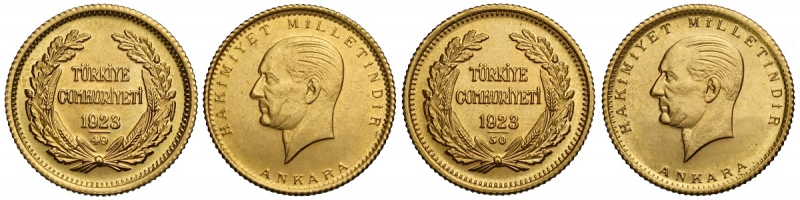 obverse: Turkey, Republic, 50 Kurush 1923/49 e 1923/50, Au 917 mm 18 g 7,20 totali, lotto di 2 monete, FDC