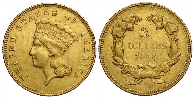 obverse: United States of America, 3 Dollars 1866, Au mm 20 lievemente pulita, BB-SPL