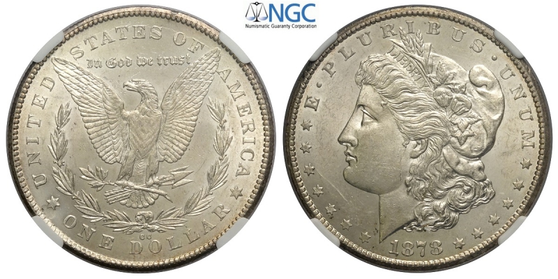 obverse: United States of America, Morgan Dollar 1878-CC, Ag mm 38 in slab NGC MS62