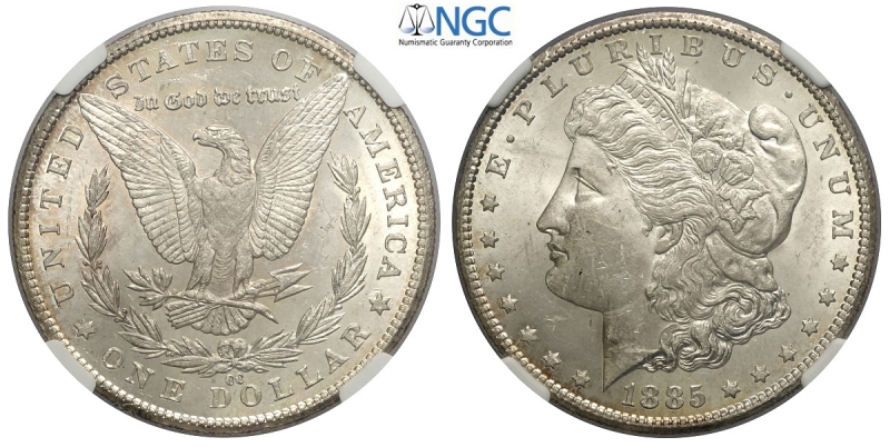 obverse: United States of America, Morgan Dollar 1885-CC, Ag mm 38 in slab NGC MS63