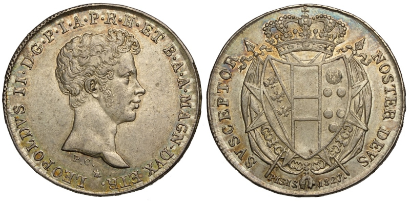 obverse: Firenze, Leopoldo II di Lorena, Mezzo Francescone da 5 Paoli 1827, Ag mm 31 bella patina con iridescenze, SPL