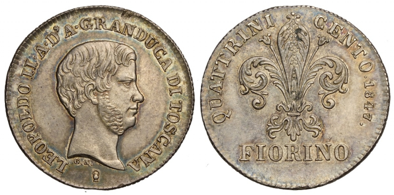 obverse: Firenze, Leopoldo II di Lorena, Fiorino da 100 Quattrini 1847, Ag mm 24 bellissima patina, SPL-FDC