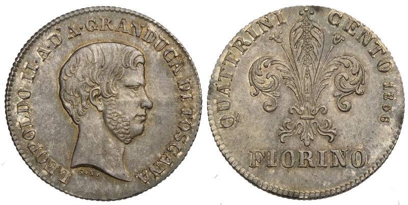obverse: Firenze, Leopoldo II di Lorena, Fiorino da 100 Quattrini 1856, Ag mm 24 bellissima patina, q.FDC