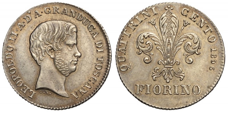 obverse: Firenze, Leopoldo II di Lorena, Fiorino da 100 Quattrini 1856, Ag mm 24 migliore di SPL