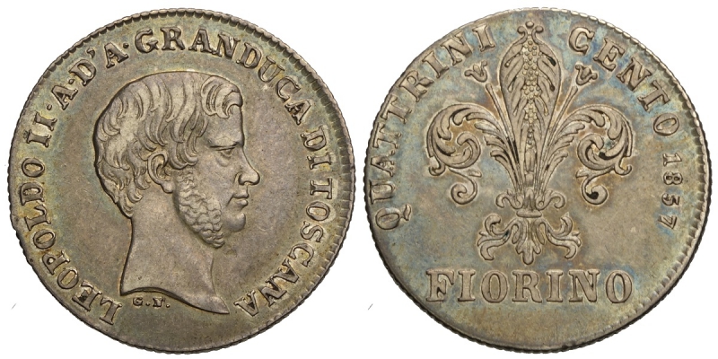 obverse: Firenze, Leopoldo II di Lorena, Fiorino da 100 Quattrini 1857, RR Ag mm 24 bellissima patina, q.SPL