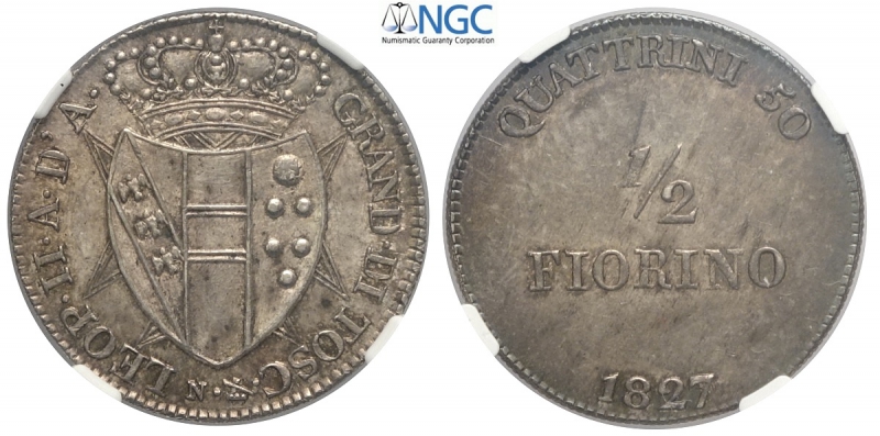 obverse: Firenze, Leopoldo II di Lorena, Mezzo Fiorino da 50 Quattrini 1827, Ag mm 21 bellissima patina, in slab NGC MS62