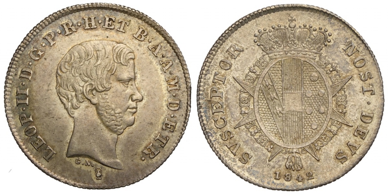 obverse: Firenze, Leopoldo II di Lorena, Paolo 1842, Ag mm 23,5 bellissima patina, SPL-FDC