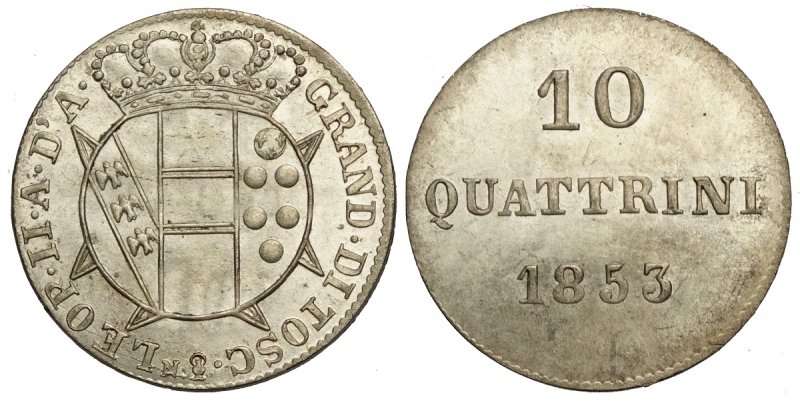 obverse: Firenze, Leopoldo II di Lorena, 10 Quattrini da 2 Crazie 1853, Mi mm 21,5 di altissima qualità, q.FDC-FDC