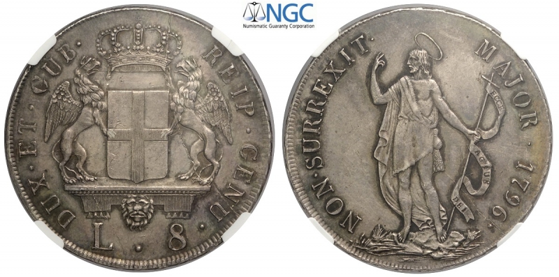 obverse: Genova, Repubblica, 8 Lire 1796, Ag mm 40 alta conservazione e bella patina, in slab NGC MS62