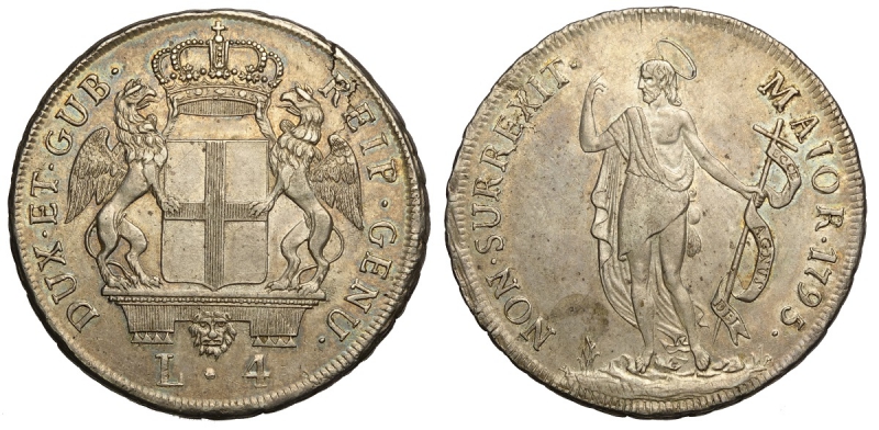 obverse: Genova, Repubblica, 4 Lire 1795, Rara Ag mm 34 g 16,56 bell esemplare, SPL